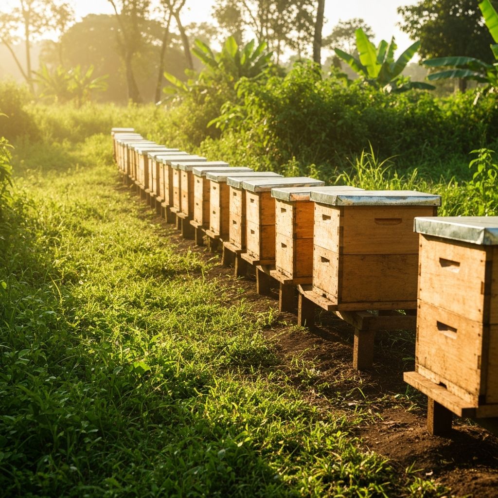Beehive boxes arranged in a natural outdoor setting with green vegetation