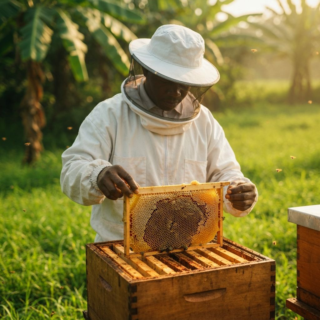 Beekeeper working hive frames in natural outdoor setting with golden morning light