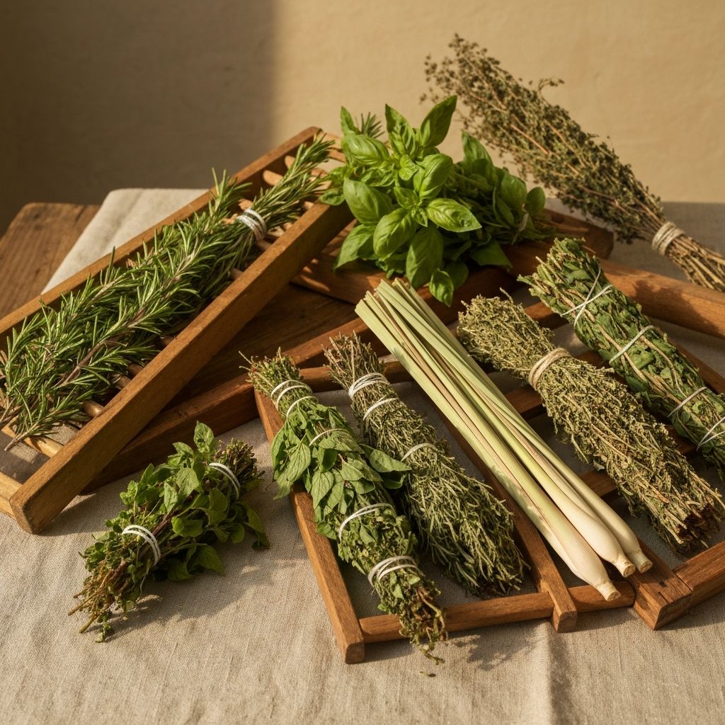 Herb bundles hanging on drying racks