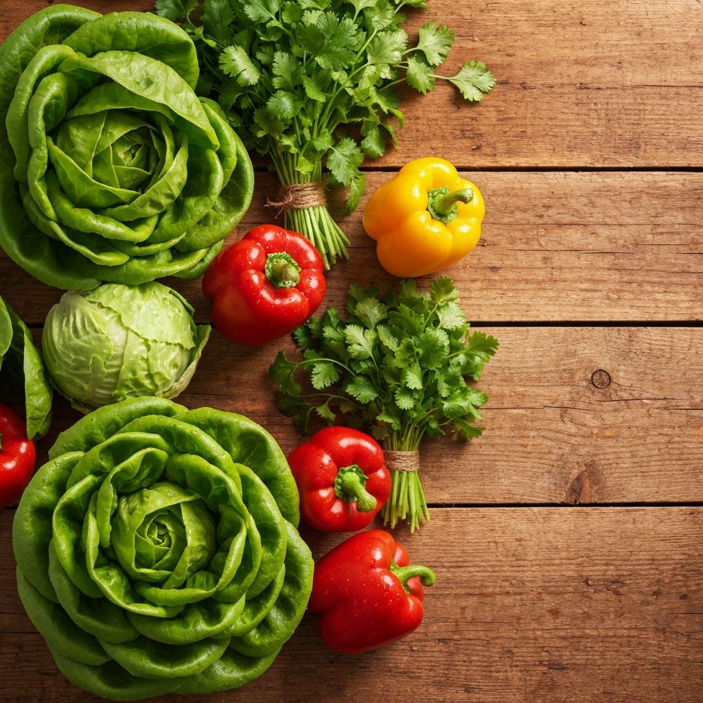 Close-up of vibrant green lettuce and bell peppers