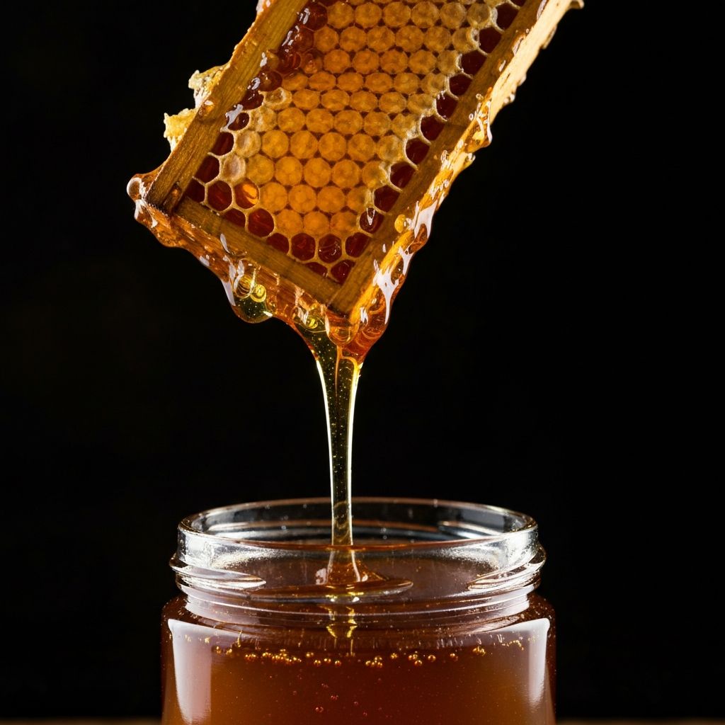 Raw honey dripping from a honeycomb frame in dramatic studio lighting