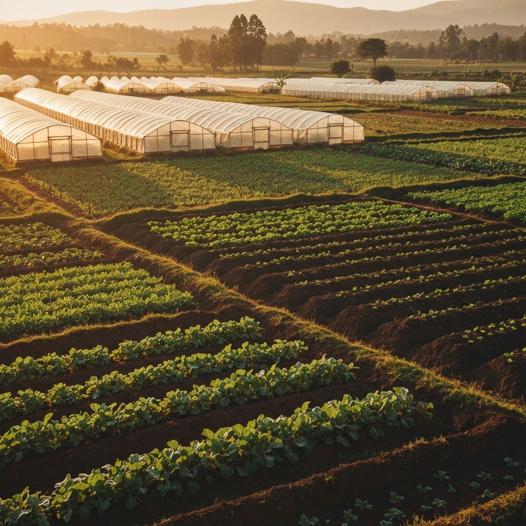 Aerial view of Organica Ltd farm at golden hour with greenhouse tunnels and green crops